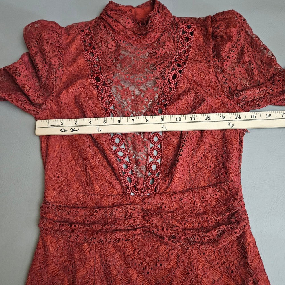 Saylor Celia Russet Lace Mock Neck Mini Dress Long Sleeve Puff Shoulder XS - Picture 9 of 10